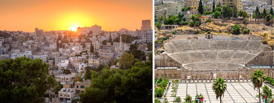Solnedgang over Amman og byens store amfiteater fra romertiden. Jordan