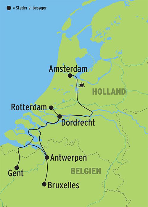 Kort over rejsen Blomsterende forårskrydstogt i Holland og Belgien