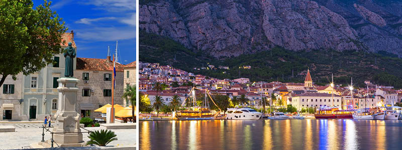 Hyggelig plads i Makarska i Kroatien og havnen i aftenstemning