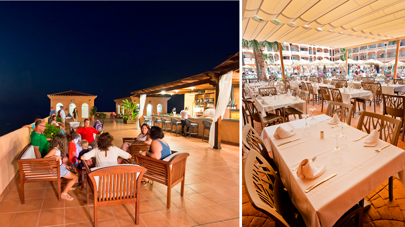 Restaurang med middagsbord och hotellgäster under kvällshimlen på hotell Bahia Tropical i Almunecar, Andalusien.